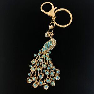 Peacock Rhinestone Charm Keychain Key Holder Multicolor Gold Tone Metal New